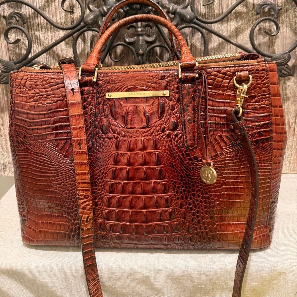 Brahmin Melbourne Tote Walnut – Croc Embossed Leather Xxl size purse briefcase